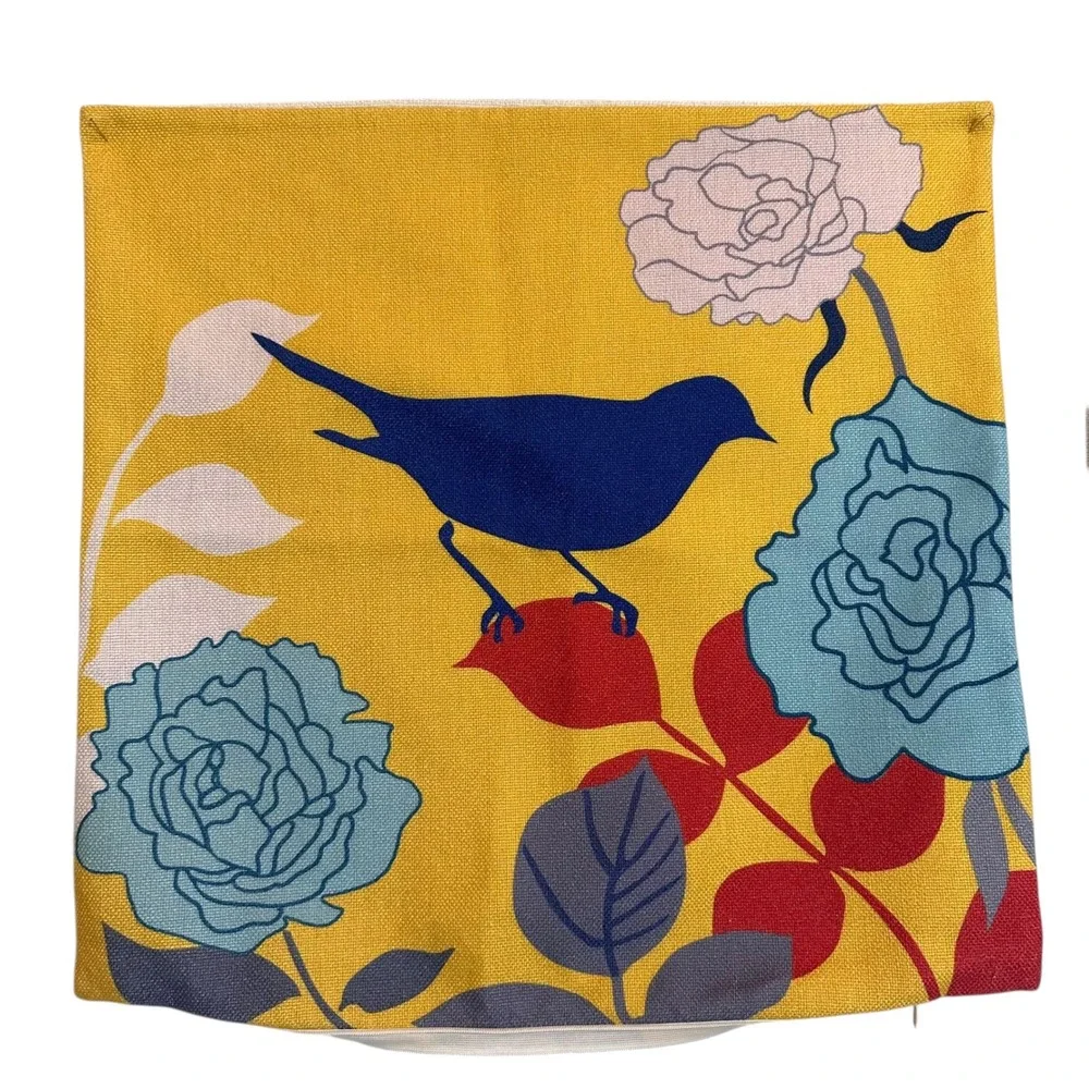 Scandi Modern Pillow Cover Set of Four Floral Bird Pillow Cotton Linen Retro MCM